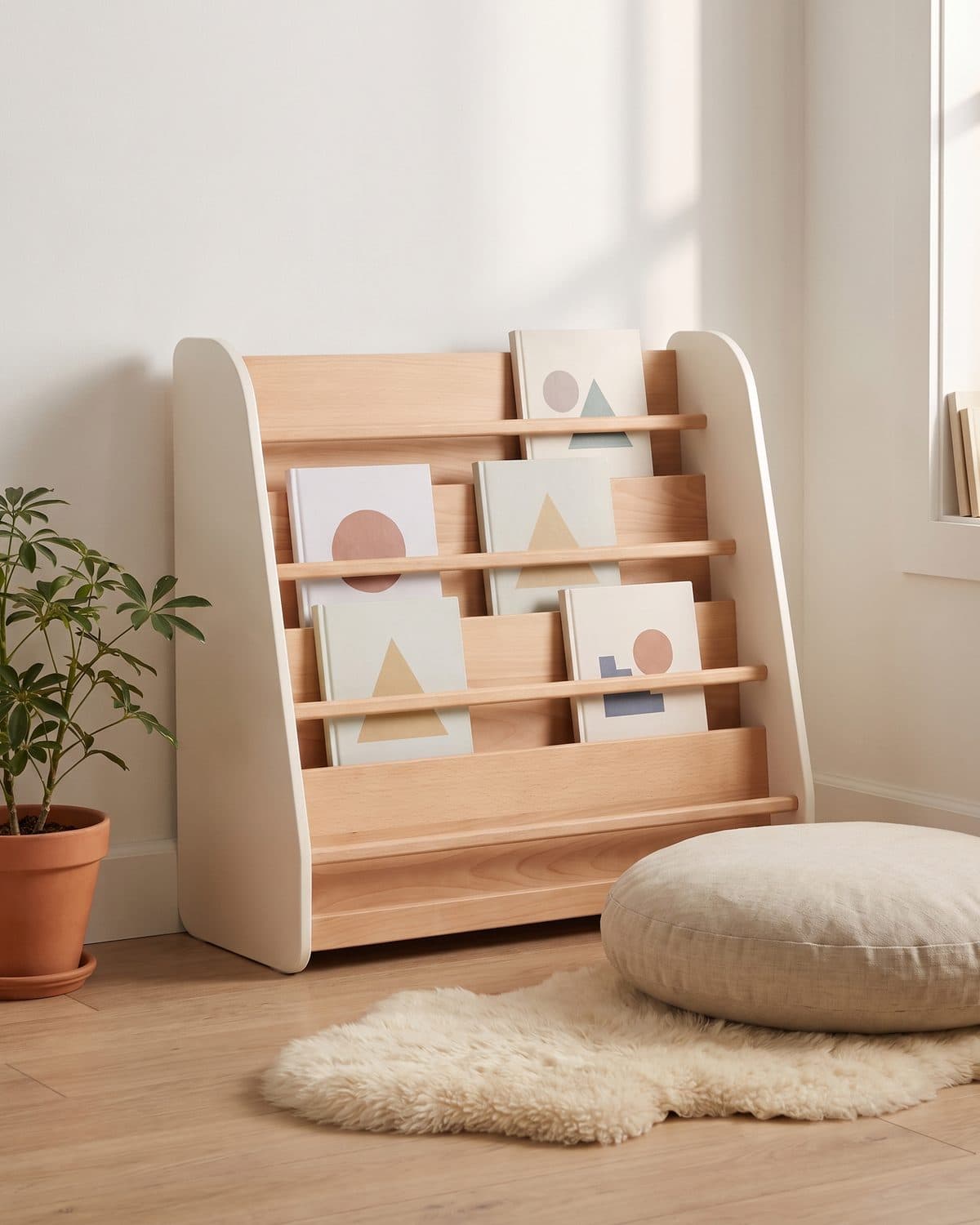 La bibliothèque Page dans un coin lecture de chambre d'enfant, un coussin de sol devant