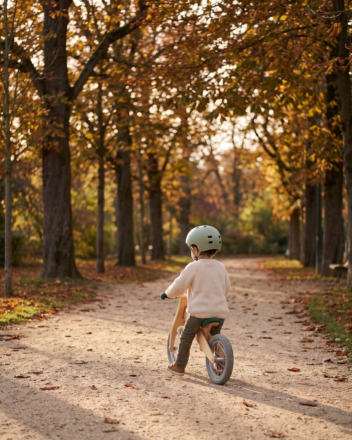 Un enfant casqué, vu de dos, sur la draisienne Élan dans une allée de jardin public en automne