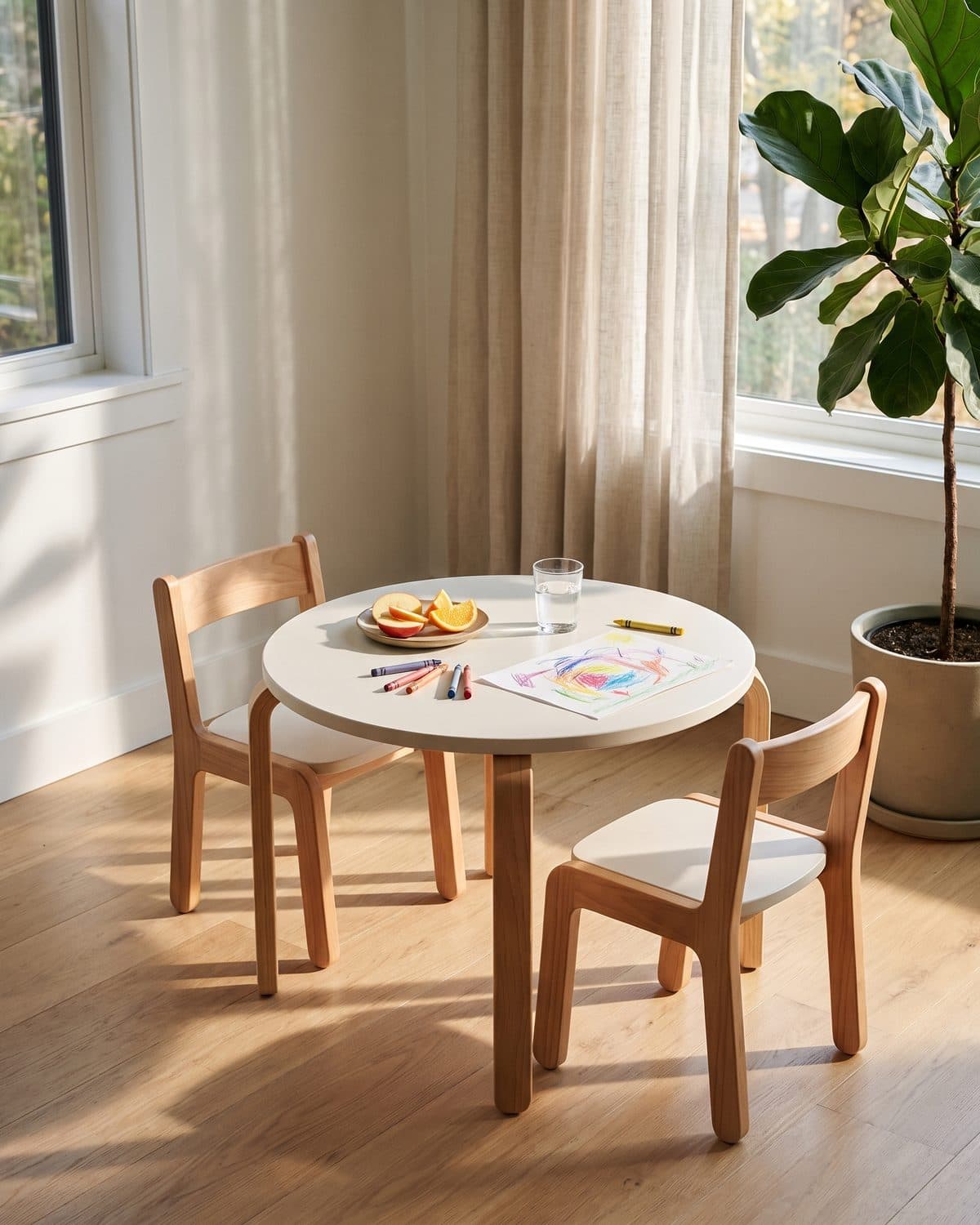 La table Goûter dans un coin ensoleillé du salon, une assiette de fruits et des crayons posés dessus